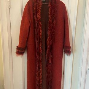 Hilary Radley Red Long Coat with Faux Fur Trim
